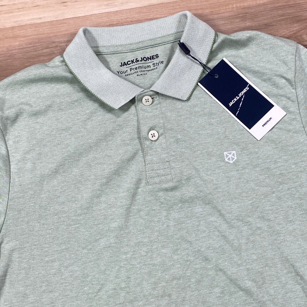 Jack & Jones Polo Shirt Mens M Minimalist Cotton Blend Slim Fit Sage Green NEW